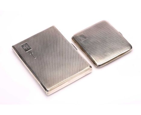 Two silver cigarette cases, the larger with Art Deco style cartouche engraved with the initials MAE, on an engine turned grou