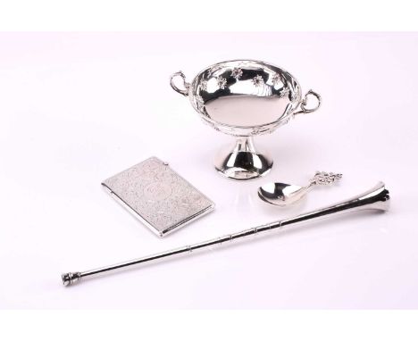 Pedestal dish by William Hutton &amp; Sons. Birmingham 1906; card case by Deakin &amp; Francis Birmingham 1899; hunting horn 