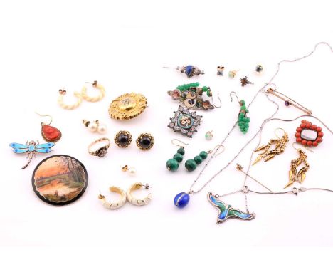 A small number of miscellaneous earrings, brooches and chains, including a Victorian coral locket brooch/pendant, an early 20