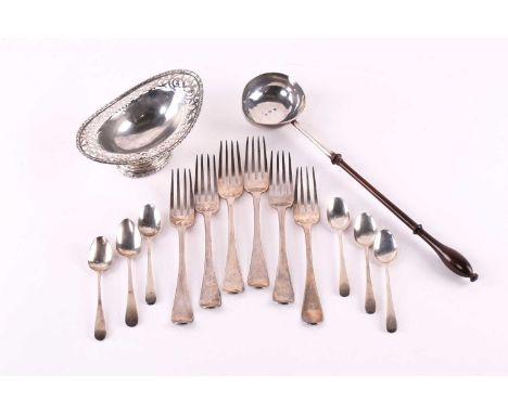 An 18th-century silver punch ladle, London possibly 1736 no makers mark, with turned mahogany handle together with a silver B