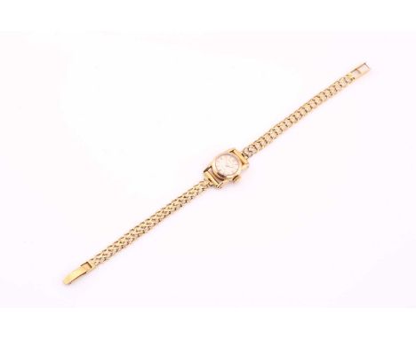 A vintage lady's hand-wound Rolex precision with swiss jewelled movement, in a 15.5mm gold case, off white dial with gold bat
