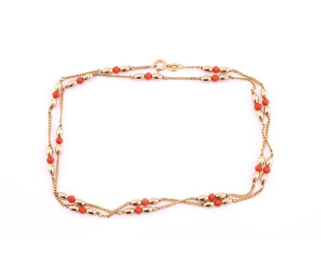 Coral bead chain necklace,bolt ring clasp, stamped ‘375 Italy’, 59.5cms longCondition report: 8.9 grams