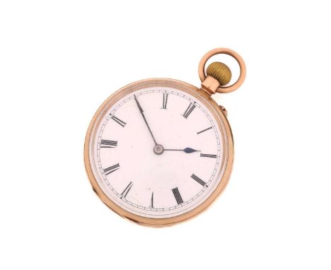 An open face 9ct gold pocket watch, with a white enamel dial featuring roman numerals in a case measuring 40mm with a total i