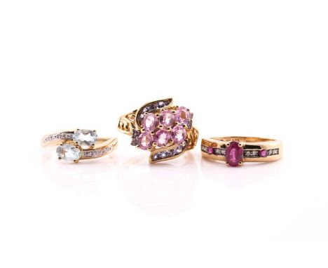 Three multi-gem dress rings, each set in 9ct gold, ring size K, 10grams gross.