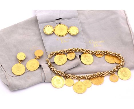 A Christian Dior 'Revolution Francaise' Bicentennial medallion logo necklace, earrings and brooch, produced in 1989, stamped 