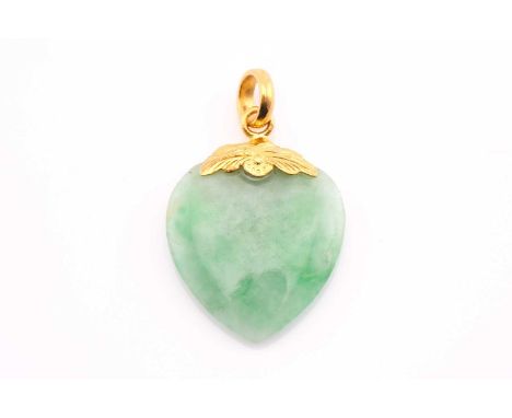 A heart shape jade pendant, measuring 22.4x29mm approximately on a yellow metal top loop, total weight of item 6.1 grams.