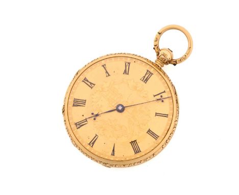 An open face pocket watch with an 18ct gold case, consisting of an 18ct yellow gold Victorian case measuring 43.5mm with a ke