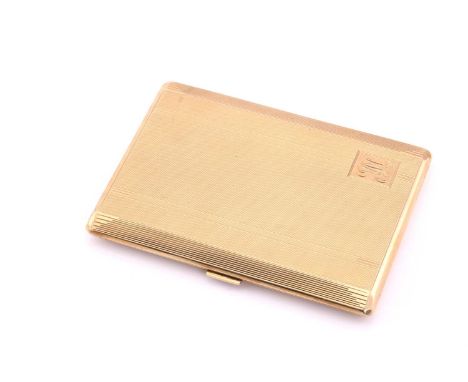 A 9ct yellow gold cigarette case, rectangular with engine turned decoration, Birmingham assay marks for 1937, E.K &amp; S Ld 