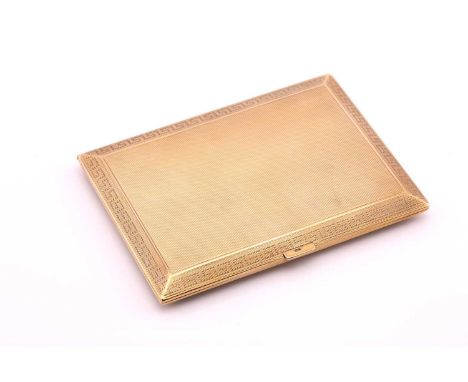 Asprey, a 9ct gold cigarette case, the engine turned decoration with Greek key border, London 1928, stamped Asprey London,Con