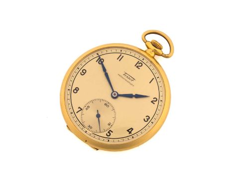 A Tissot Antimagnetique keyless wound movement, open face pocket watch, stamped 18kt gold 46mm case with acrylic glass and su