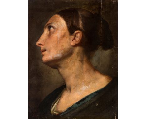 FERDINAND DE BRAEKELEER II (Belgium, 1792 -1883)."Profile of a Lady.Oil on mahogany panel.It has a period frame with damage.I