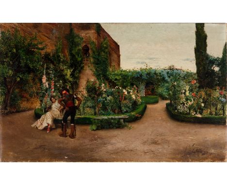 JUAN BAUTISTA DE GUZMÁN ORANTE (Granada, 1850- Barcelona, 1898)."In a Granada Courtyard", Granada, 1889.Oil on canvas.Signed,