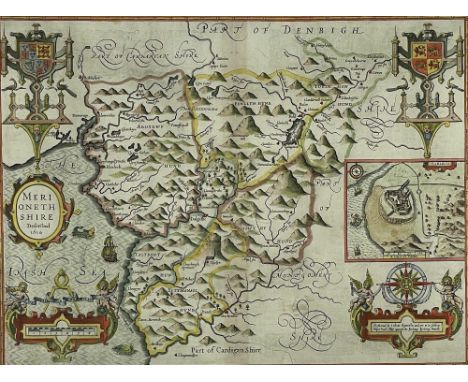 Coloured antiquarian map of Meirionethshire, showing coat of arms, title in cartouche, scale of miles, elaborate cherubic com