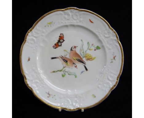 With a moulded c-scroll border, painted in the centre with two goldfinches perched on a leafy branch and a brightly coloured 