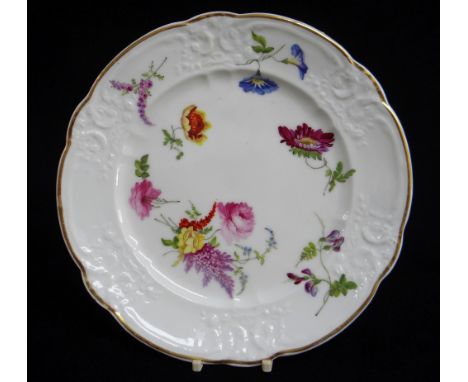 Lobed form with moulded border of c-scrolls and wreaths, Thomas Pardoe painted with a variety of brightly coloured garden flo