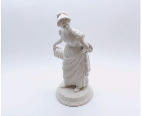 A 19th Century Wedgwood Figure of a milkmaid with bucket and stool, raised on circular plinth base, impressed marks, 10" high