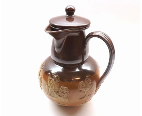 A Royal Doulton Stoneware Hot Water Jug, decorated with various hunting and tavern scenes, 7 1/2" high 