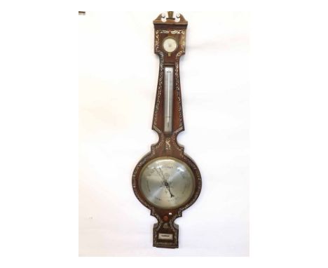 A mid-19th Century Rosewood and Mother of Pearl inlaid Wheel Barometer with swan neck pediment flanked by a cast Brass finial