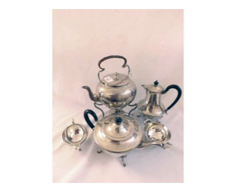 A Four Piece Silver Plated Tea Set comprising: Teapot, Hot Water Jug, Cream Jug and Sugar Basin, all raised on short legs wit