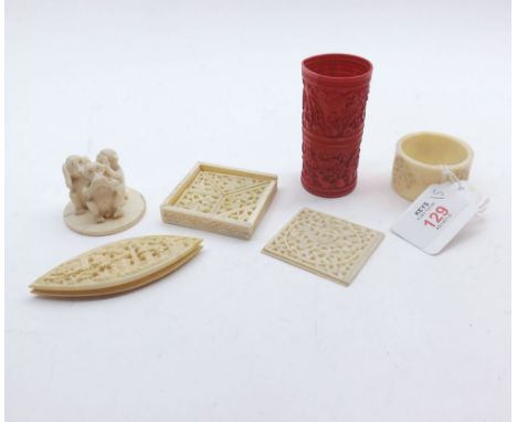 Mixed lot of Bone/Ivory and stained Oriental items includes a Napkin Ring, String Winder, small Tangram puzzle box, group of 