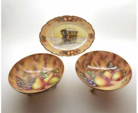 David R Bowkett (Ex Royal Worcester artist), pair of fruit-decorated Circular Three-Footed Bowls, produced exclusively for Fe
