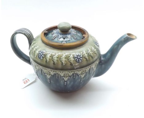 A Royal Doulton Stoneware Teapot, decorated with stylised foliage on a green and turquoise background, 9 1/2" long   40-60