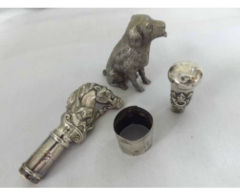 Mixed lot comprising Silver plated dog ornament, two Walking Stick Handles, one with Silver hallmarks and a further Silver ba