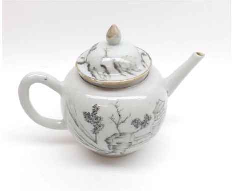 A Chinese Export Globular Teapot, painted in black with Chinese river scene with gilded detail, (cover chipped), 6 1/2" long,