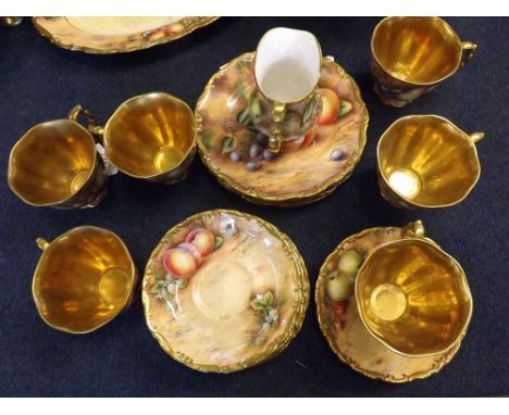 David R Bowkett (Ex Royal Worcester artist), fruit-decorated Tea Wares comprising: six Cups, Saucers, Side Plates and Cream J