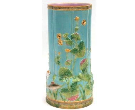 A large 19th Century George Jones Majolica Stick Stand, decorated with fish and sprays of aquatic plants, on a pale backgroun