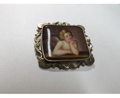 A Victorian Pinchbeck Framed Ceramic Panel Brooch on shaped square design with scrolled edge, the centre hand painted with a 
