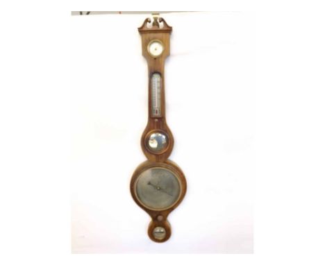 A mid-19th Century Mahogany and Boxwood line inlaid Wheel Barometer, the replaced swan neck pediment to a shaped neck set wit