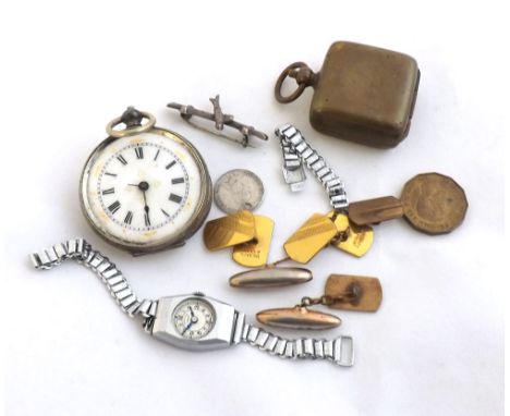 Mixed lot comprising a Silver and base metal cased fob watch; a Ladies base metal wristwatch retailed by Kendal & Dent - Lond