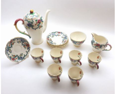 A Royal Cauldon floral decorated Coffee Set comprising: Coffee Pot, Sugar Basin, Cream Jug, six Cups and Saucers 