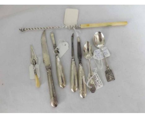 A Mixed Lot to include: mother-of-pearl handled trowel-shaped Desk Clip, Tweezers, Pickle Fork, Manicure items etc, longest p