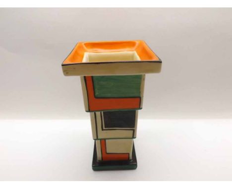 A Clarice Cliff Bizarre square formed Vase, decorated in orange, green and black, (hairline crack to side), 7 1/2" high