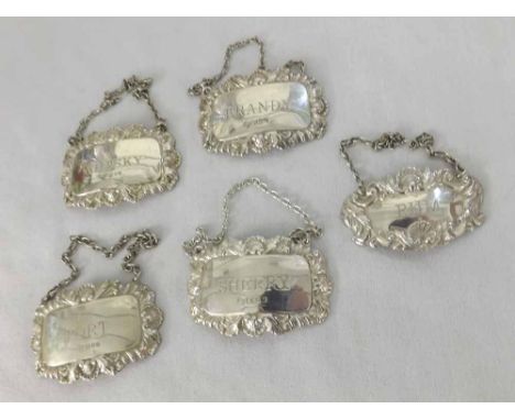 Collection of 20th Century Silver Decanter labels marked "Whisky", "Brandy", "Sherry", "Port" and "Rum", largest 2 1/2" long,