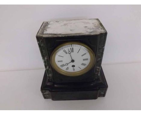 A Black Slate and Variegated Marble Mantel Timepiece, the plinth-shaped case to a cast bezel with bevelled glass enclosing a 