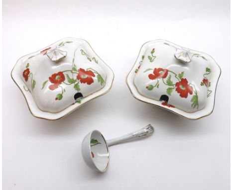 Two Wedgwood & Co Poppyland covered tureens, (one lid repaired) together with accompanying ladle, retailers mark Jarrold Crom