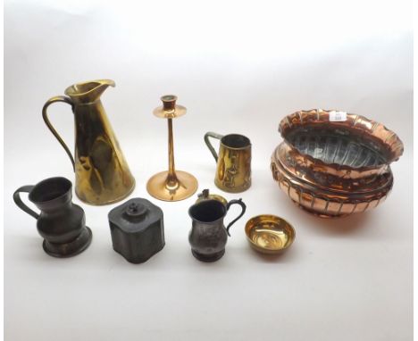 A Mixed Lot of Copper, Brass and Pewter Wares to include: JardiniÝre, Tankards, Tapering Jugs, Pewter Tea Caddy, Candlestick 
