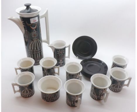A Portmeirion Magic City pattern Coffee Set designed by Susan Williams-Ellis, comprising: Coffee Pot, Milk Jug, Sugar Basin, 