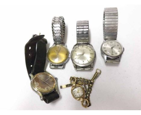A Mixed Lot comprising: a 9ct Gold Ladies Rotary Wristwatch, with base metal strap; together with four further Wristwatches i