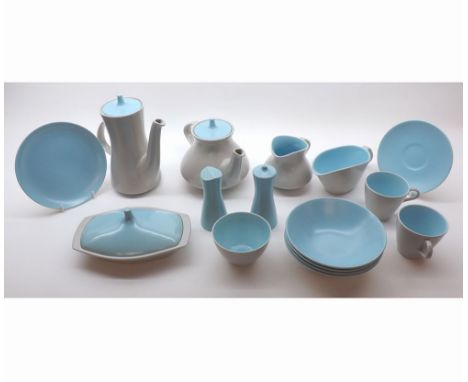 A quantity of Poole Pottery blue and grey decorated Table Wares comprising Covered Butter Dish, Salt and Pepper Pots, Gravy J