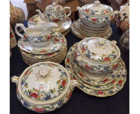 A good quantity Booths Flora Dora pattern Table Wares comprising: three Covered Vegetable Dishes, Gravy Boat and Stand, Teapo