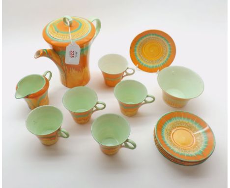 A Shelley Coffee Set, Pattern No W12127 comprising: Coffee Pot, Milk Jug, Sugar Basin and five Cups and six Saucers, largest 