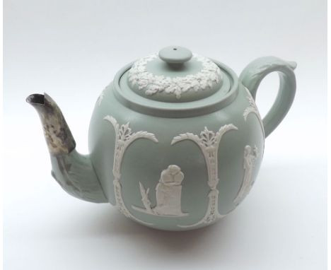 A 19th Century Jasperware Teapot, decorated with classical figures, on a pale background, fitted with a replacement metal spo