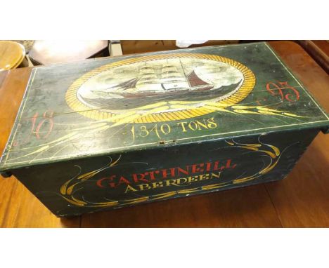 A small painted Pine trunk decorated with a central panel of a tall ship, marked "Garthneill, Aberdeen 1895", 30" wide 