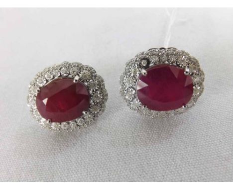 A pair of high grade precious metal Large Oval Earrings, each set to the centre with an Oval Cut Ruby (approx 14mm x 12mm) su