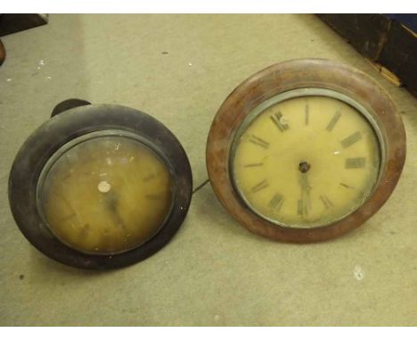 Mixed lot comprising two various Wooden dial Postmen's Alarm Clock type Wall Clocks, each with plain surrounds, painted woode