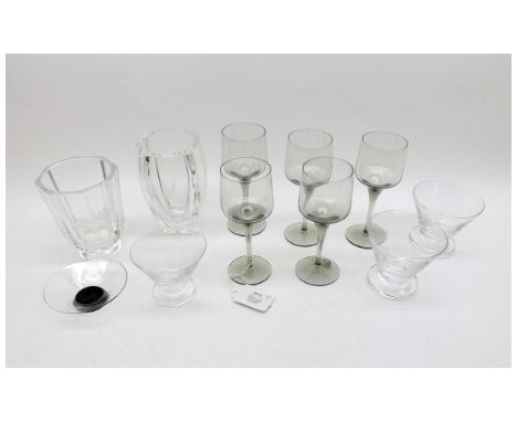 A collection of 20th Century Orrefors Glass Wares, comprising: two Vases, five small smoked Spirit Glasses and four various s